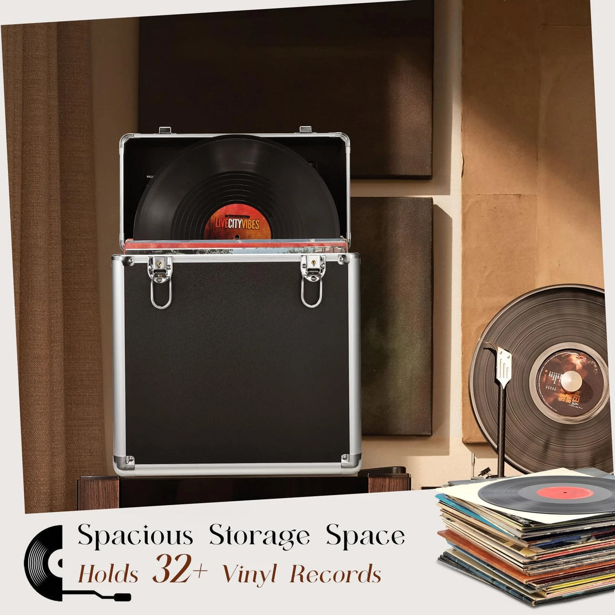 Vinyl Record Storage Case for LP Album Collection (1365 cubic inches) Black