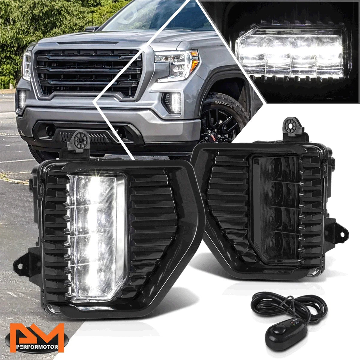 Full LED Fog Lights for GMC Sierra 1500 (2019–2022) Smoked Lens w/Switch & Bezels