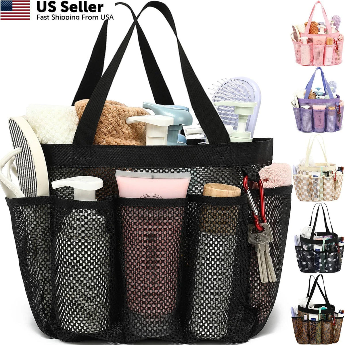 Mesh Shower Caddy for College Dorm (Portable, Multiple Pockets) - Black