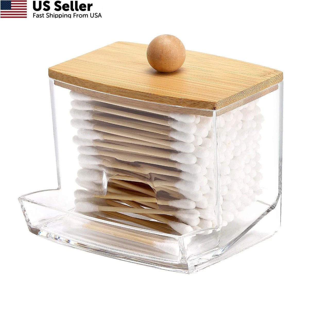 Qtip Holder Dispenser for Universal Use (10oz, Clear with Bamboo Lid)