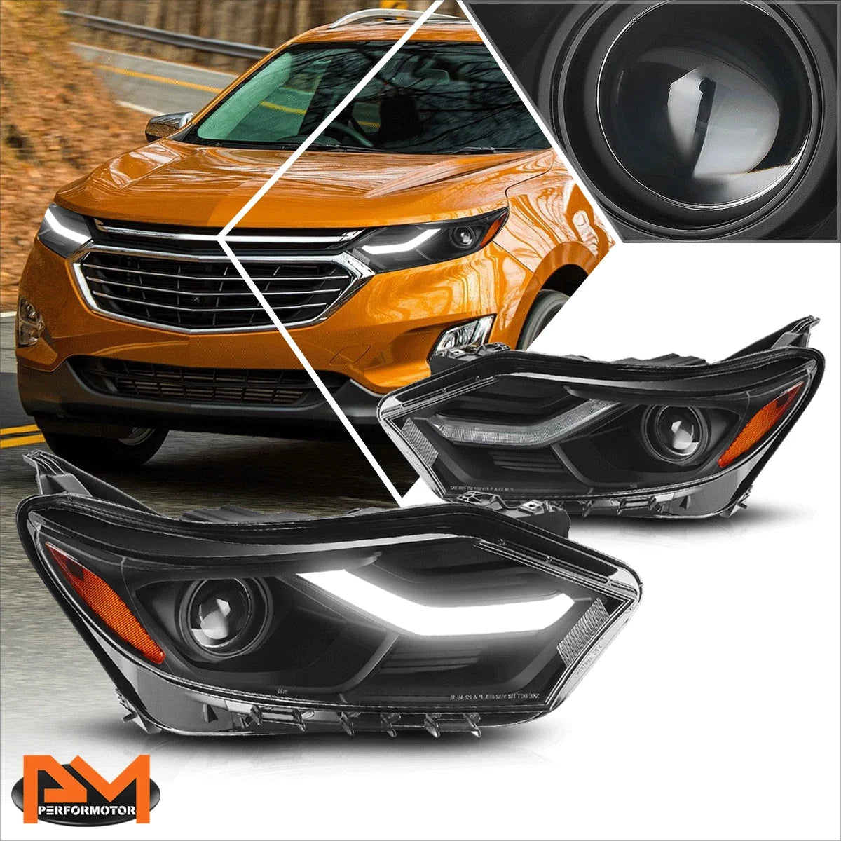LED DRL Projector Headlights for Chevy Equinox (2018–2021) Black Housing Amber Corner