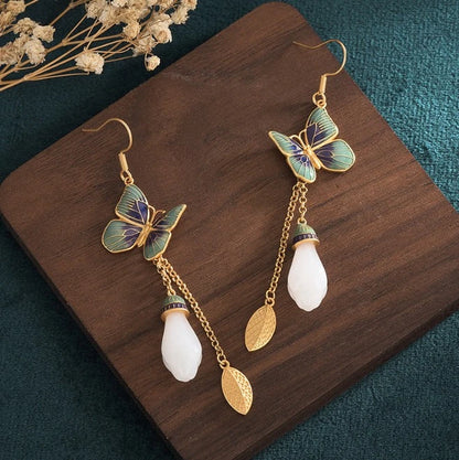 Set of 2 Bohemian Drop Dangle Earrings Flower Gemstone Butterfly Gold Plated