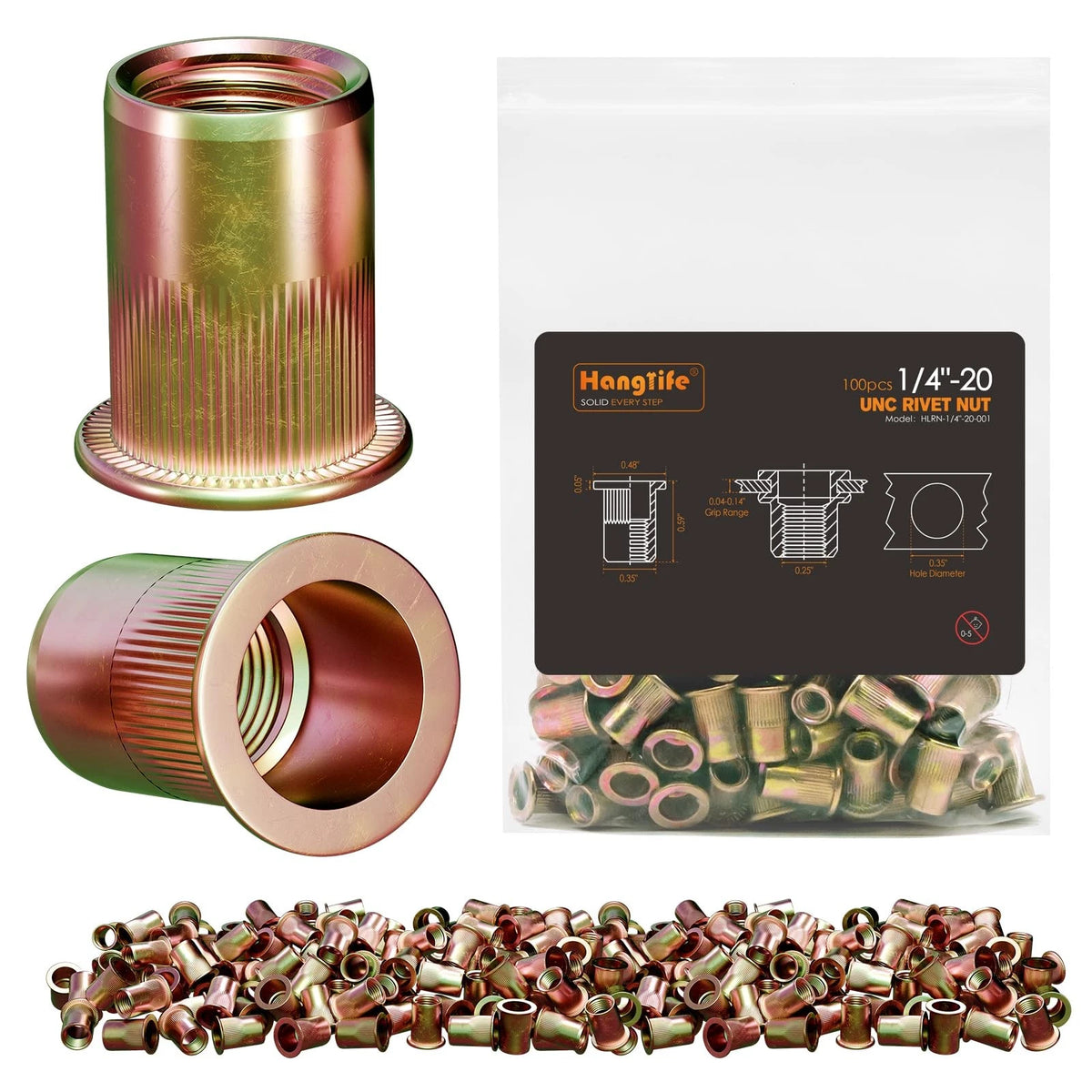 100 Pcs Rivet Nuts 1/4-20 UNC Flat Head Zinc Carbon Steel