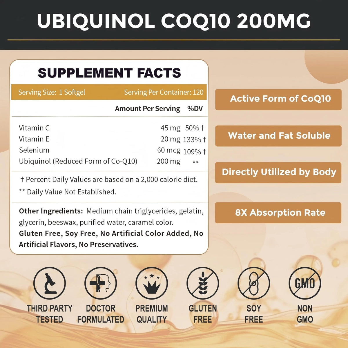 120 Count Ubiquinol CoQ10 200mg Softgels for Health Support (Pack of 1)