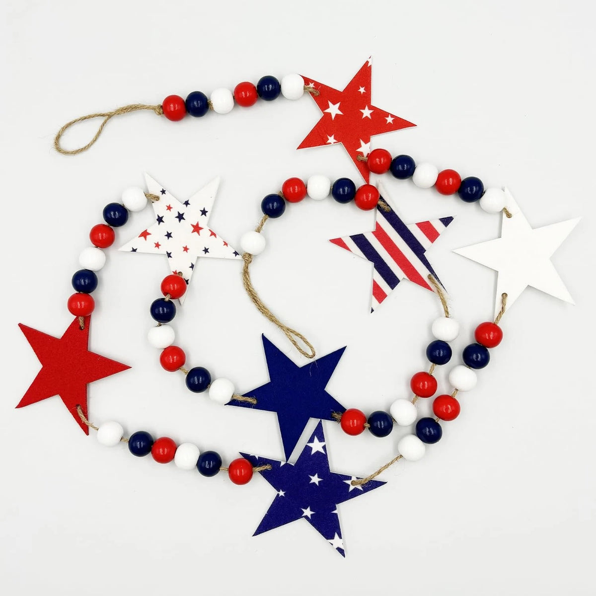 4.9FT Patriotic Wooden Beads Garland with Star Felt Charms