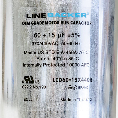 Capacitor Round Dual Run 60 + 15 uf for HVAC Motors (370/440 Volts)