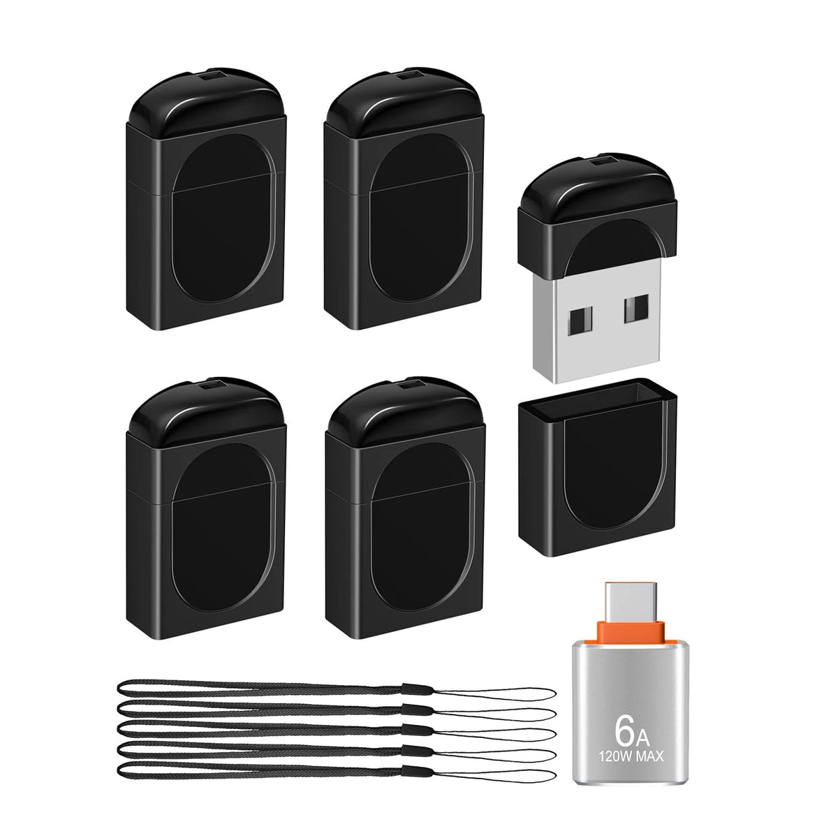 5-Pack 4GB FAT32 Small Flash Drive USB 2.0 with USB-C Adapter (Black)