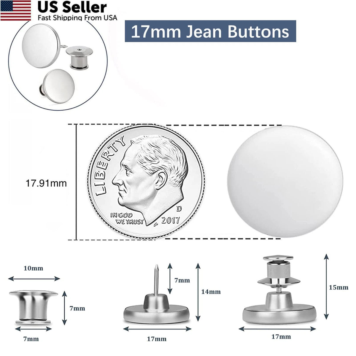 Set of 8 17 mm Pants Buttons for Loose Jeans