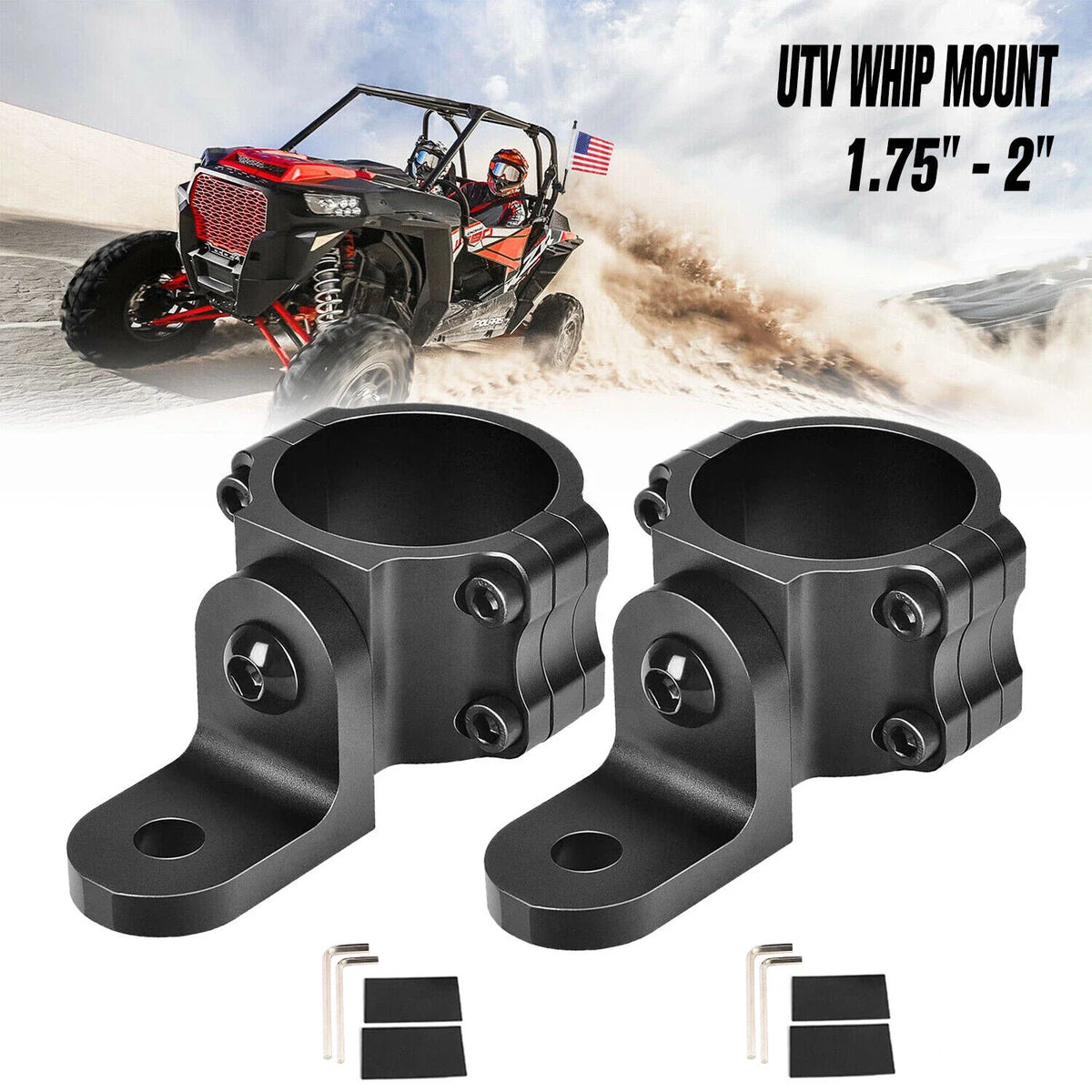 2X Mount Brackets for UTV ATV RZR (LED Whip Light Bar 1.75" to 2" Rollbar)