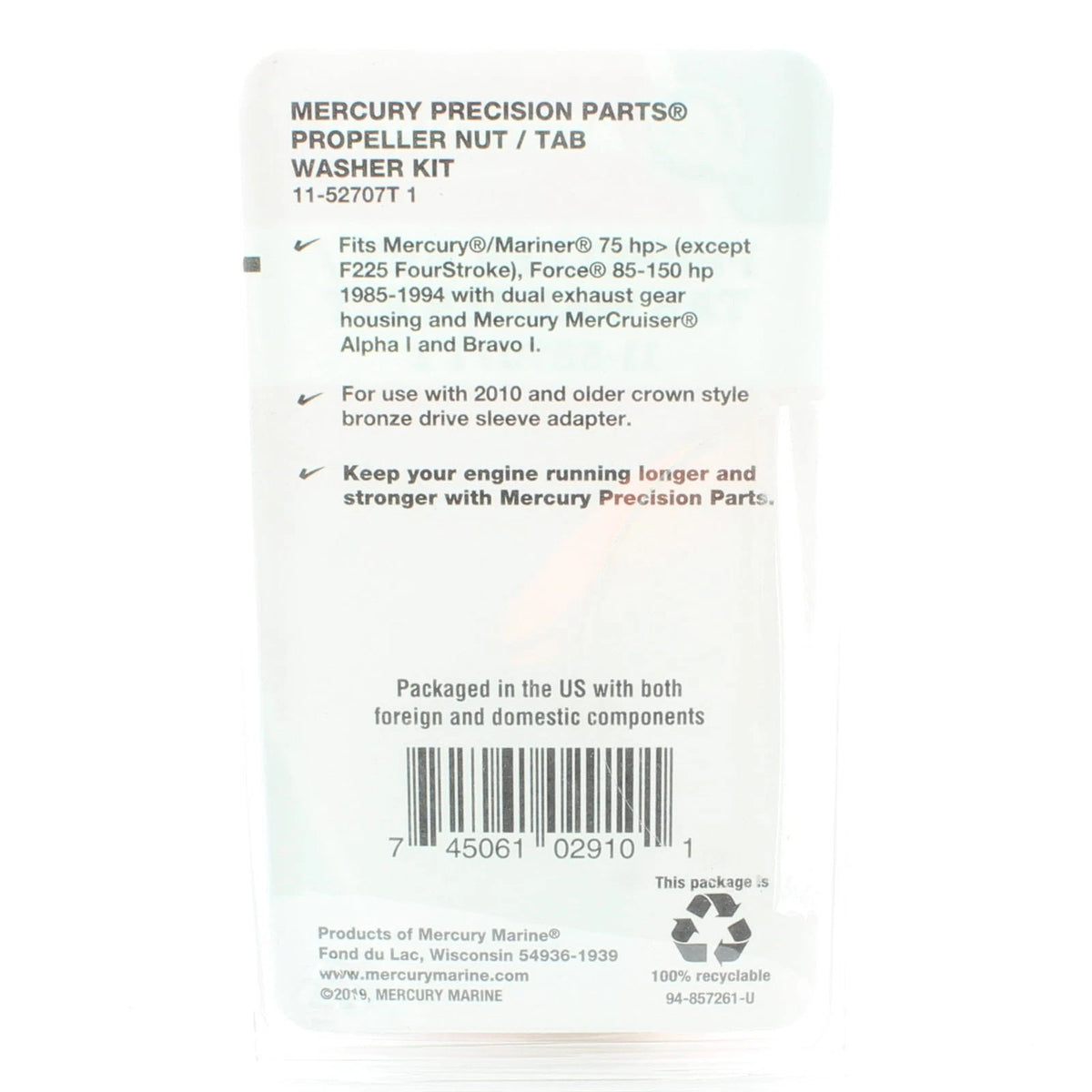 Propeller Nut / Tab Washer Kit for Mercury Marine (11-52707T1)