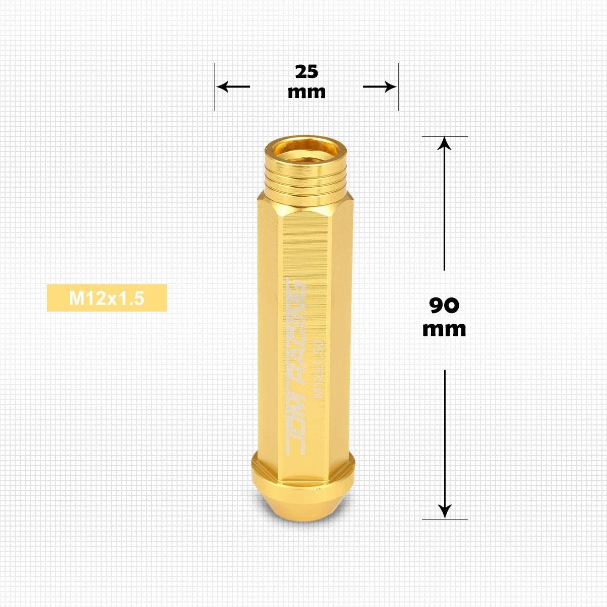 20Pc M12X1.5 Gold JDM Open End Conical Wheel Lug Nuts + Extension 25mmx90mm