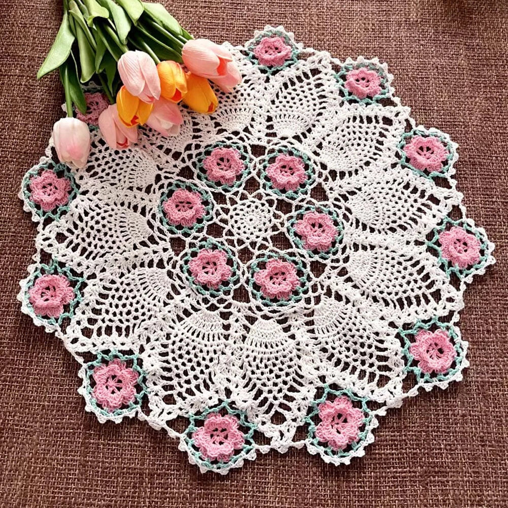 17" Vintage Hand Crochet Lace Doily Round Table Topper Mat