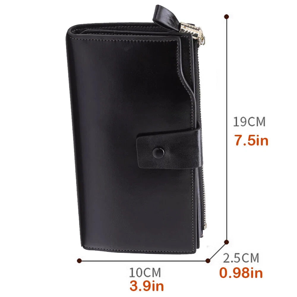Leather Long Wallet for Women - RFID Blocking, Black