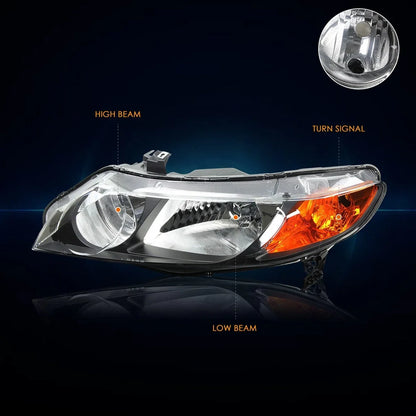 Headlight Assembly for Honda Civic Sedan (2006–2011) - Black Housing, Amber Signal