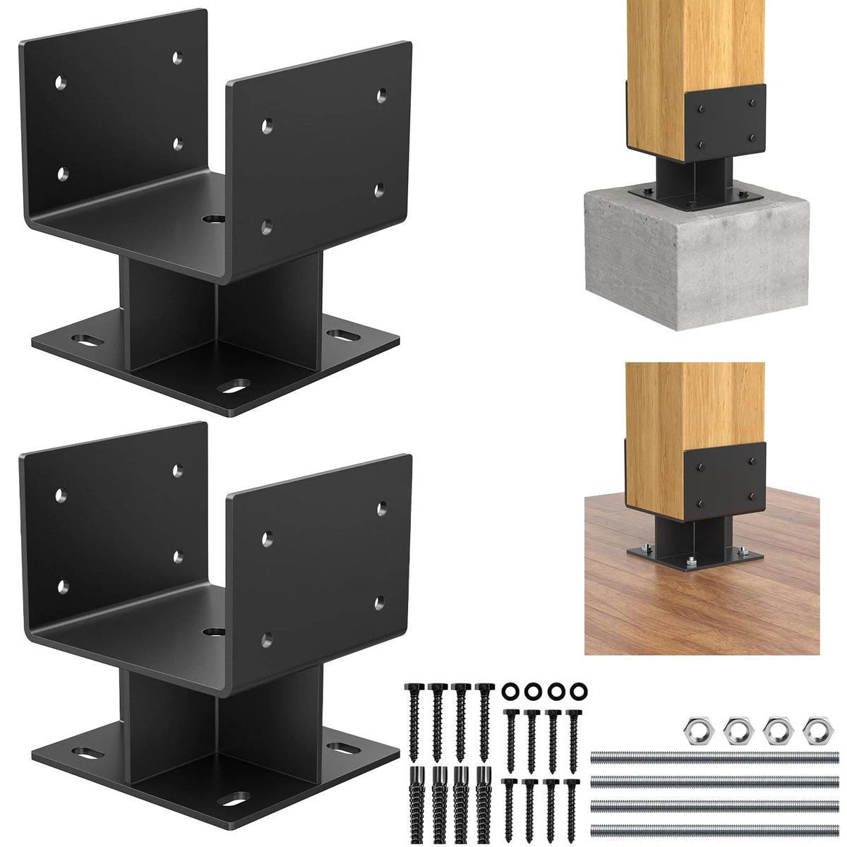 Set of 2 Adjustable 6"x6" Concrete Post Bases - Stainless Steel, Black