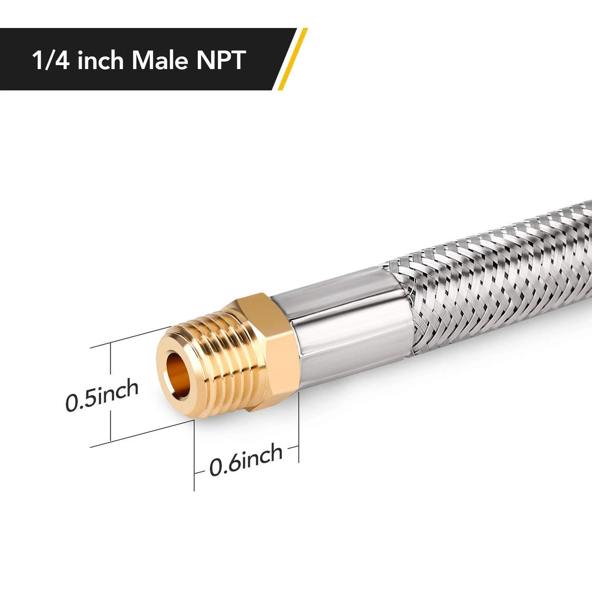 15in Stainless Braided RV Propane Pigtail Hose with 1/4 Male NPT Connection