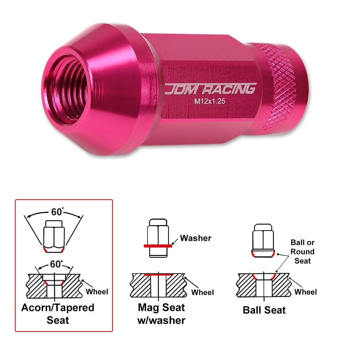 20Pc M12X1.25 Pink JDM Open End Cone Seat Wheel Lug Nuts + Extension 25mm