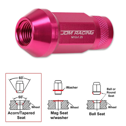 20Pc M12X1.25 Pink JDM Open End Cone Seat Wheel Lug Nuts + Extension 25mm