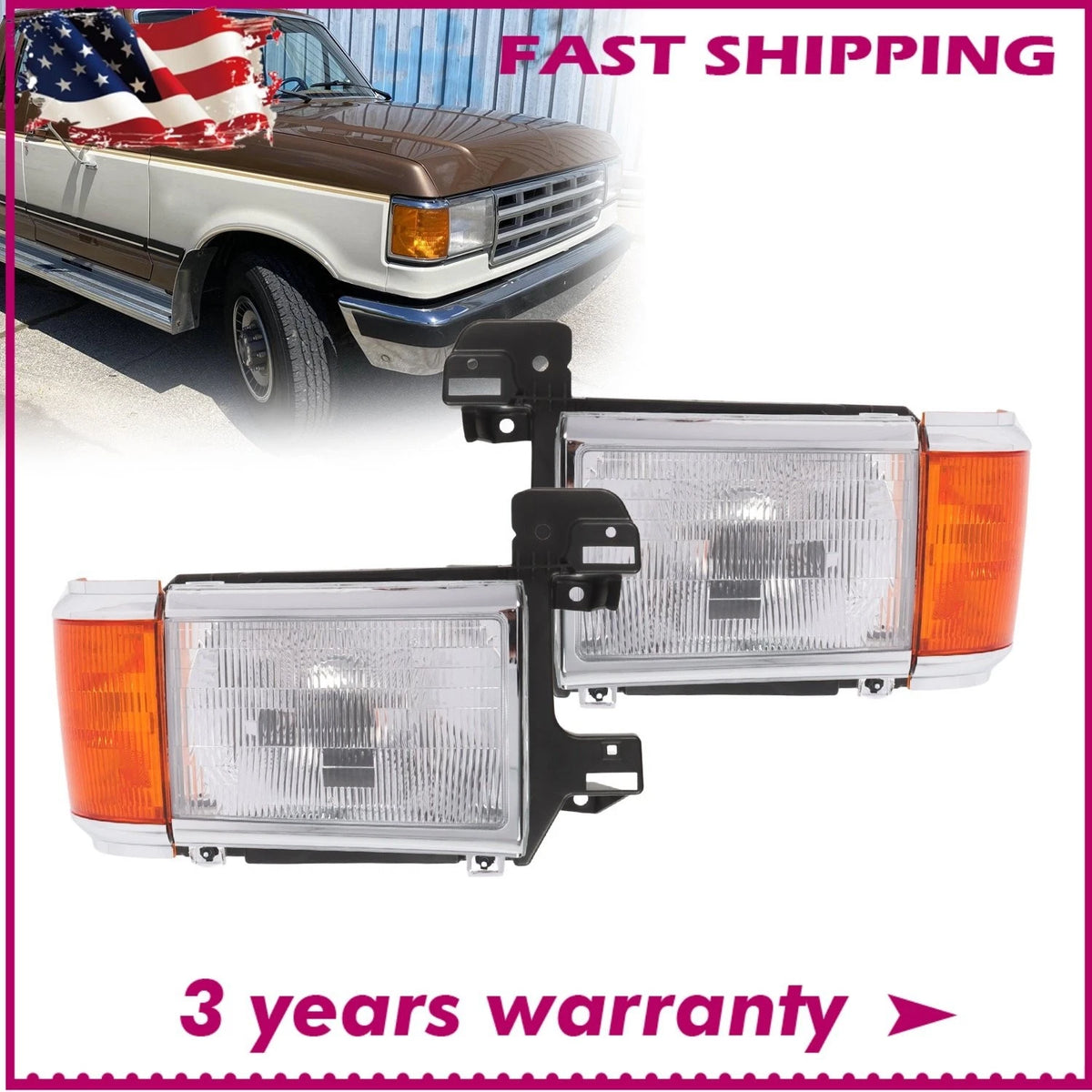 Set of 2 Headlights for Ford F150 F250 Bronco (1987–1991) E9TZ13008F E9TZ13008E E9TZ13008C E9TZ13008D
