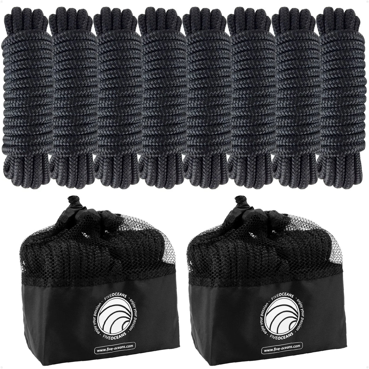 Set of 8 Boat Dock Lines 3/8" x 15' with 12" Eyelet Black Nylon