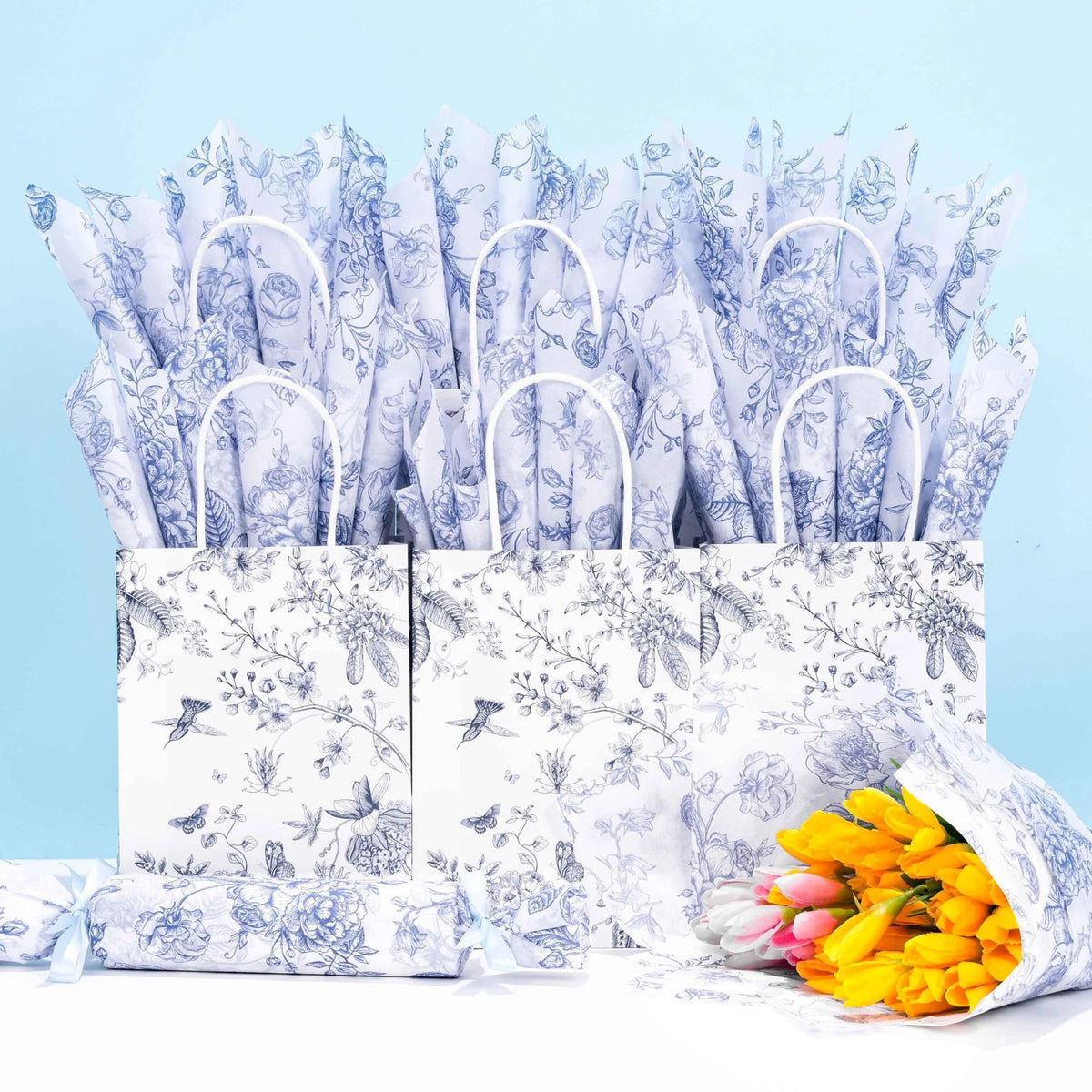 Floral Tissue Paper Bulk Set of 20x14 Inches - Blue and White