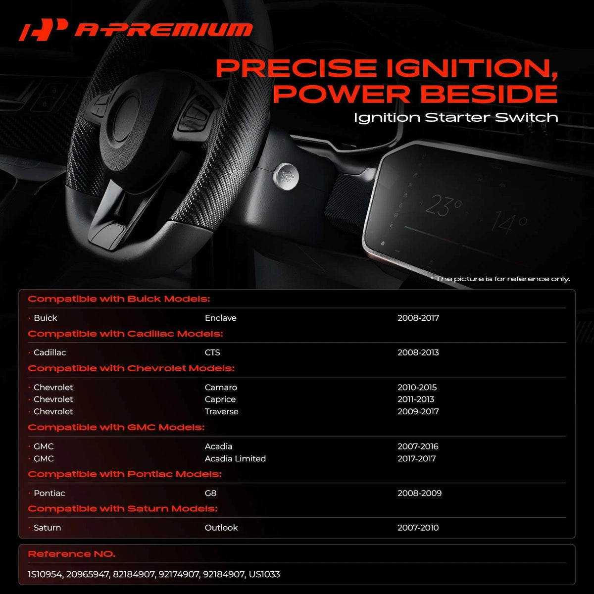A-Premium Ignition Switch for Chevy Camaro, Traverse, Cadillac CTS, Buick Enclave (1S10954, 20965947, 82184907, 92174907, 92184907, US1033)