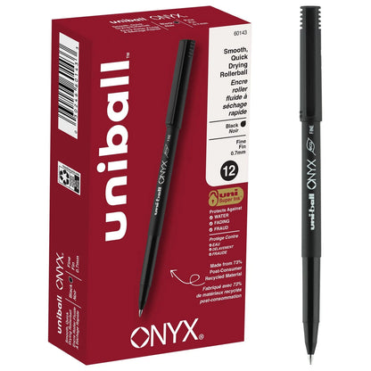 12 Black Uniball Onyx Rollerball Pens, Fine Point (0.7mm)