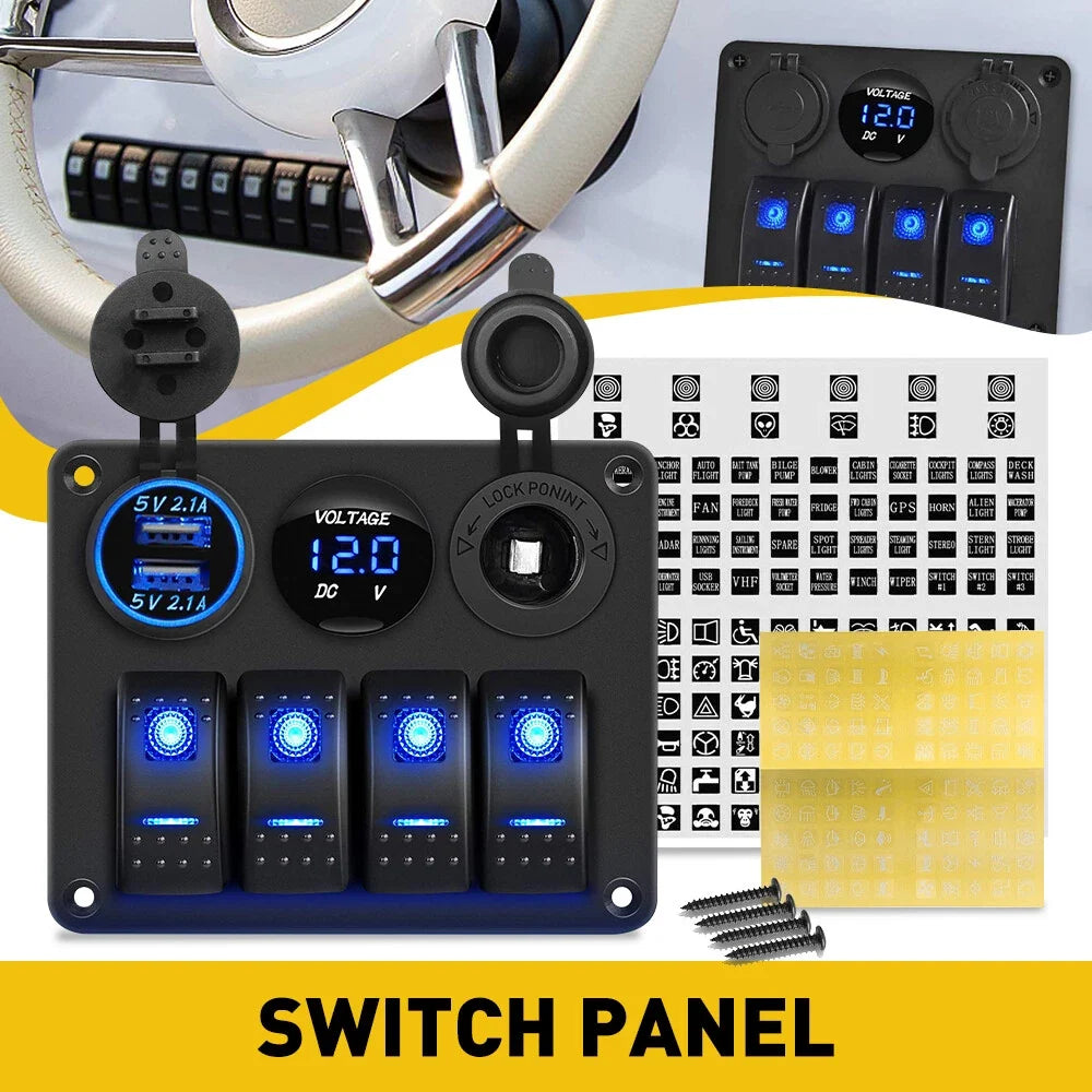 4 Gang LED Rocker Switch Panel for Car Truck Boat Marine (12V)