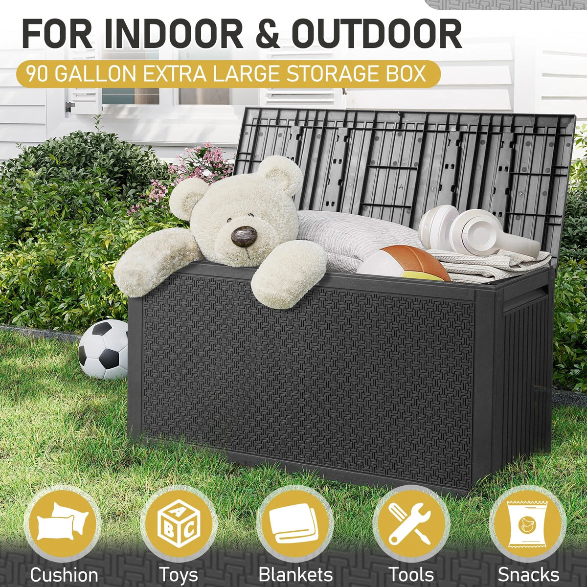 90 Gallon Plastic Deck Storage Container Box for Outdoor Patio Garden
