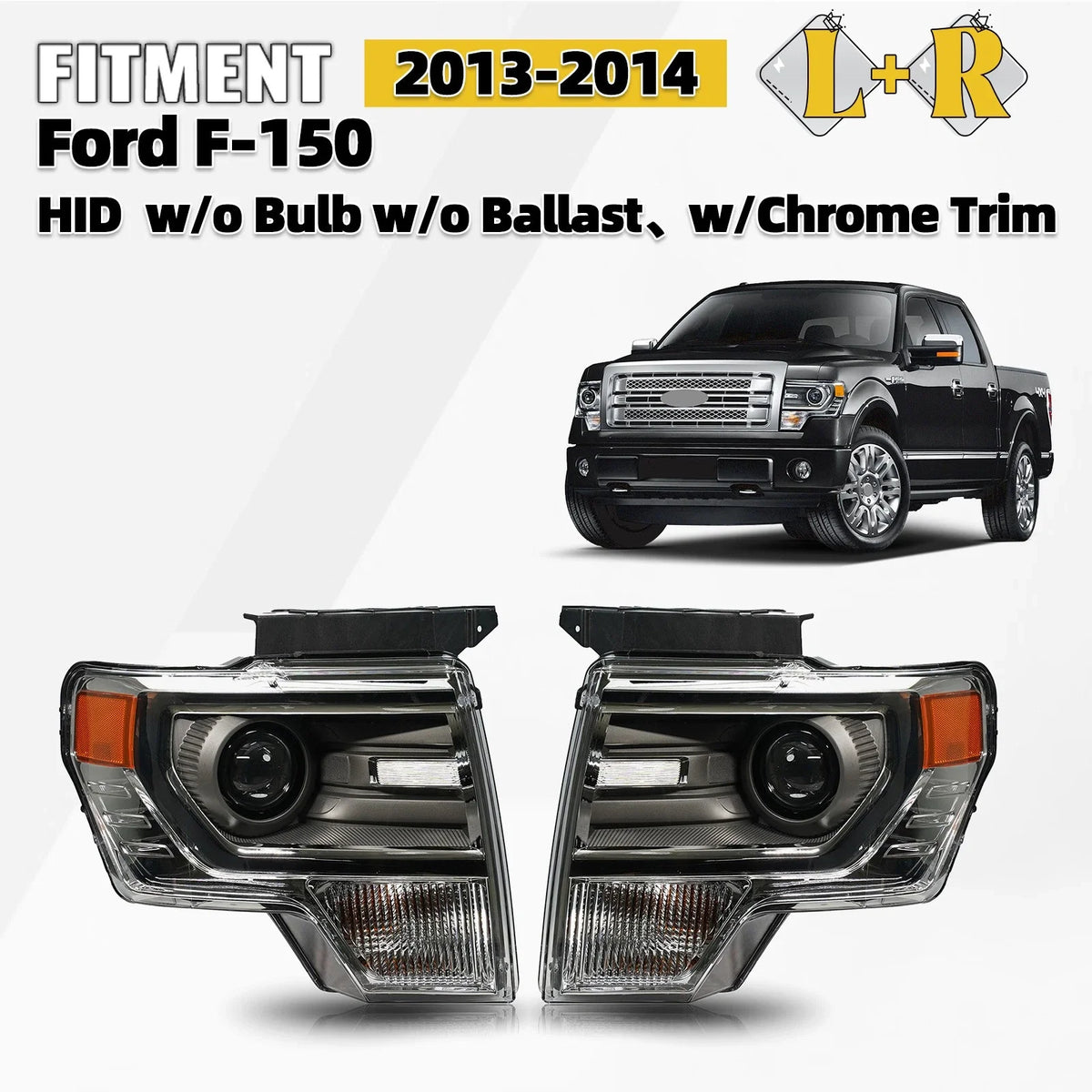 HID Headlight Set for Ford F-150 (2013–2014) w/Chrome Trim, Left+Right Pair