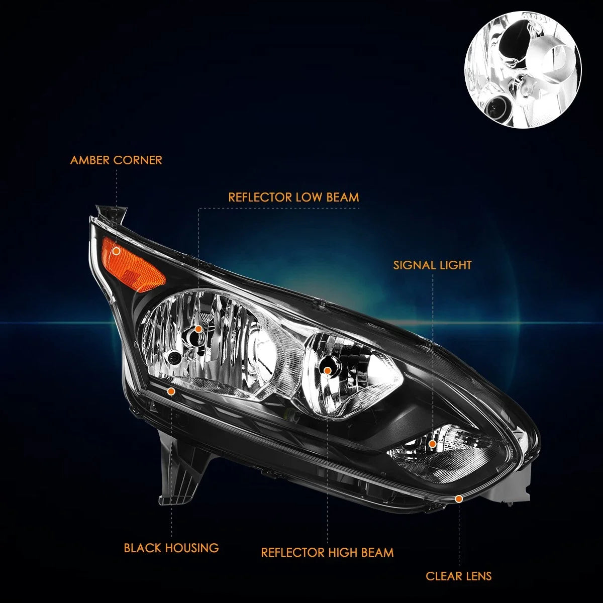 Right Side Headlight for Ford Transit Connect (2014–2018) Black Housing