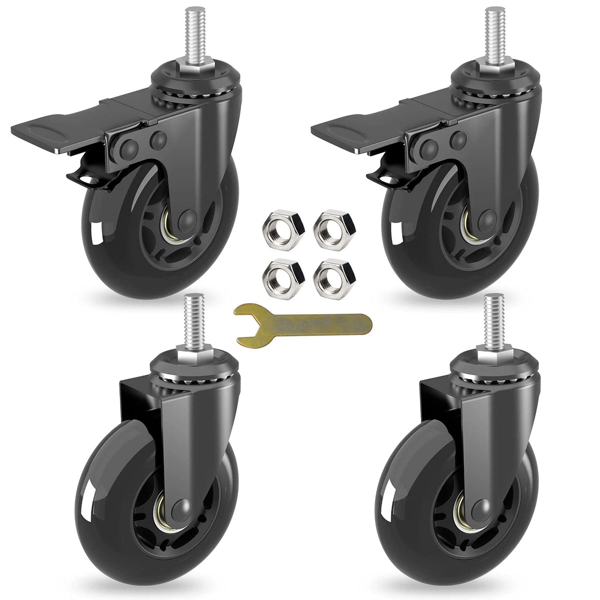 Set of 4 Swivel Stem Caster Wheels 3" (2 with Brake, 2 without) Black