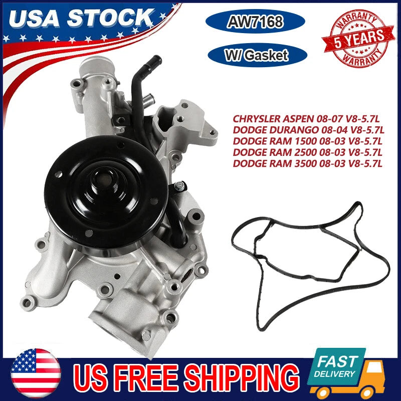 Water Pump for Chrysler Aspen Dodge Durango RAM 1500 2500 3500 (2003–2008) 120-4370, 252901, 511869, 53021380AM, 68382494AA