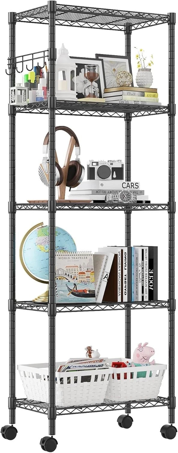 5-Tier Wheeled Metal Shelves with Side Hooks for Organization