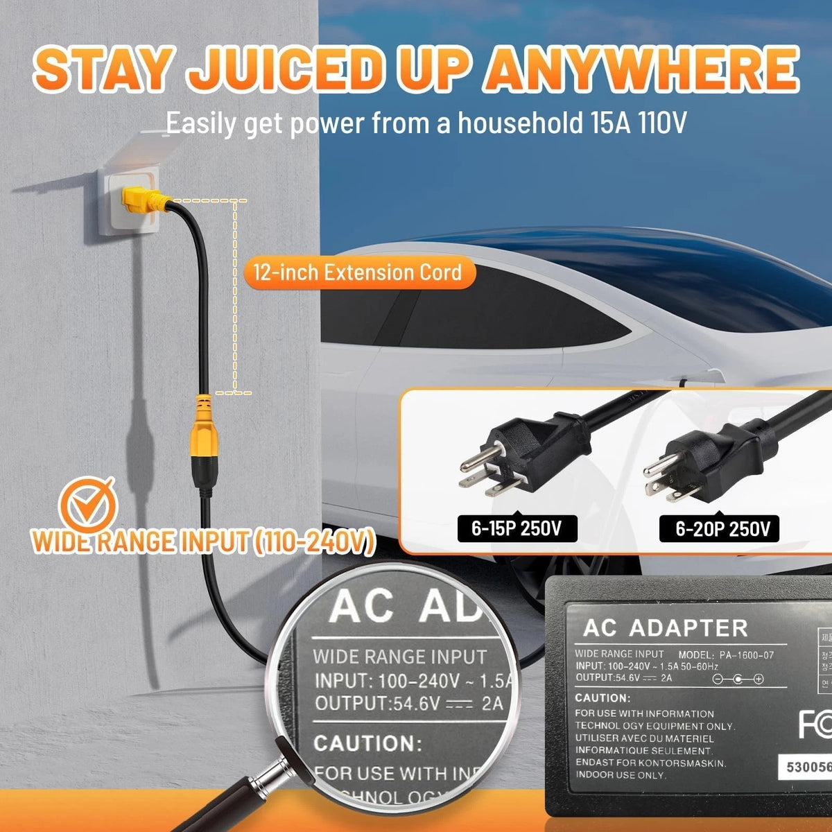12 Inch 15 Amp Power Adapter for Household to 20 AC Power