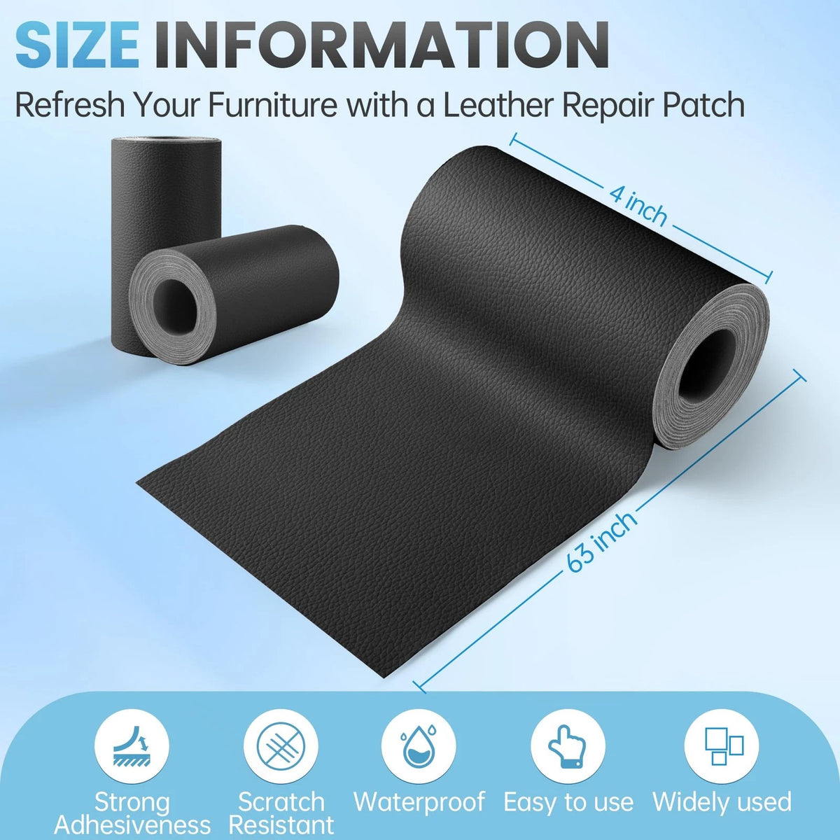 Leather Repair Patch Tape Kit for Automotive Upholstery (4" x 63", Black)