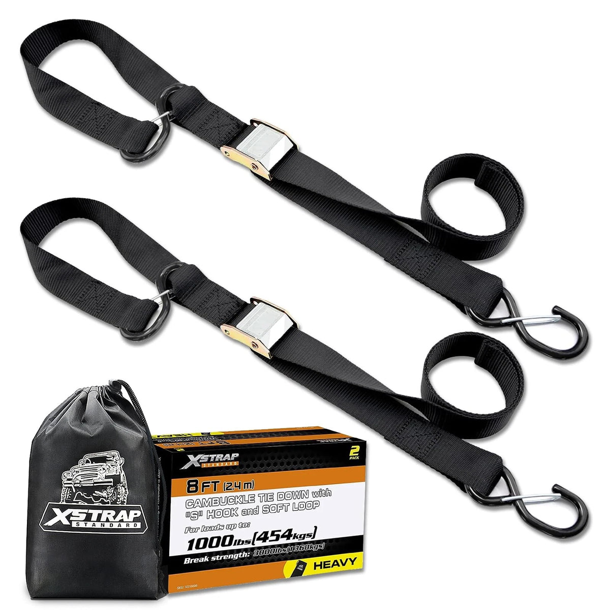 2X Motorcycle Tie Down Straps for XSTRAP (1.5IN X 8FT, Black)