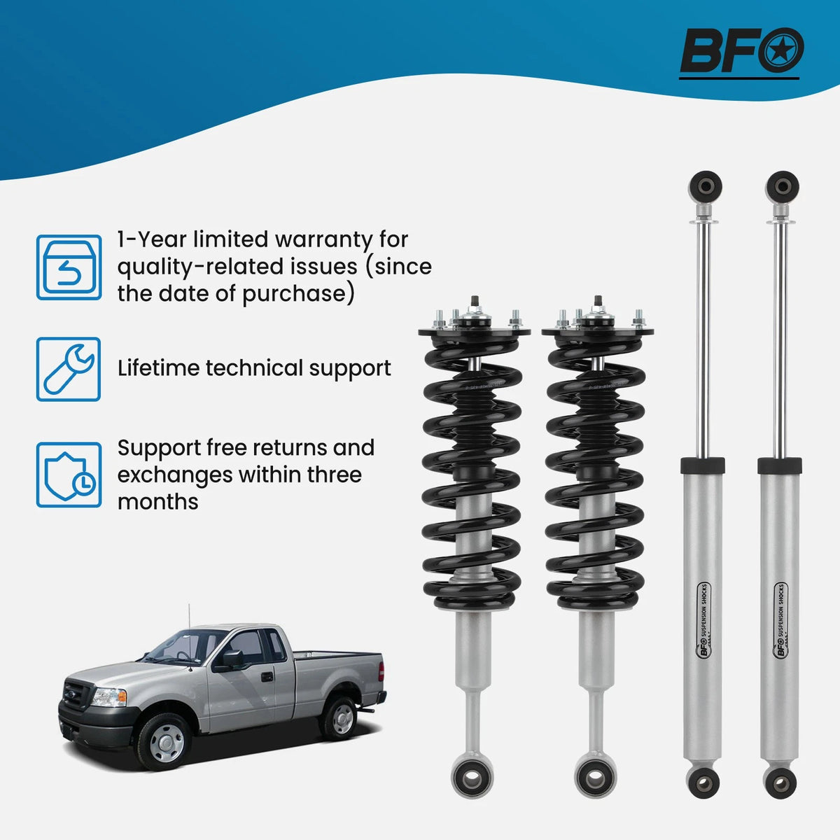 2.5 Inch Leveling Lift Kit w/ Struts & Shocks for Ford F-150 4WD (2004–2008) - 9IHB26, Front Strut Extensions, Rear Premium Shocks