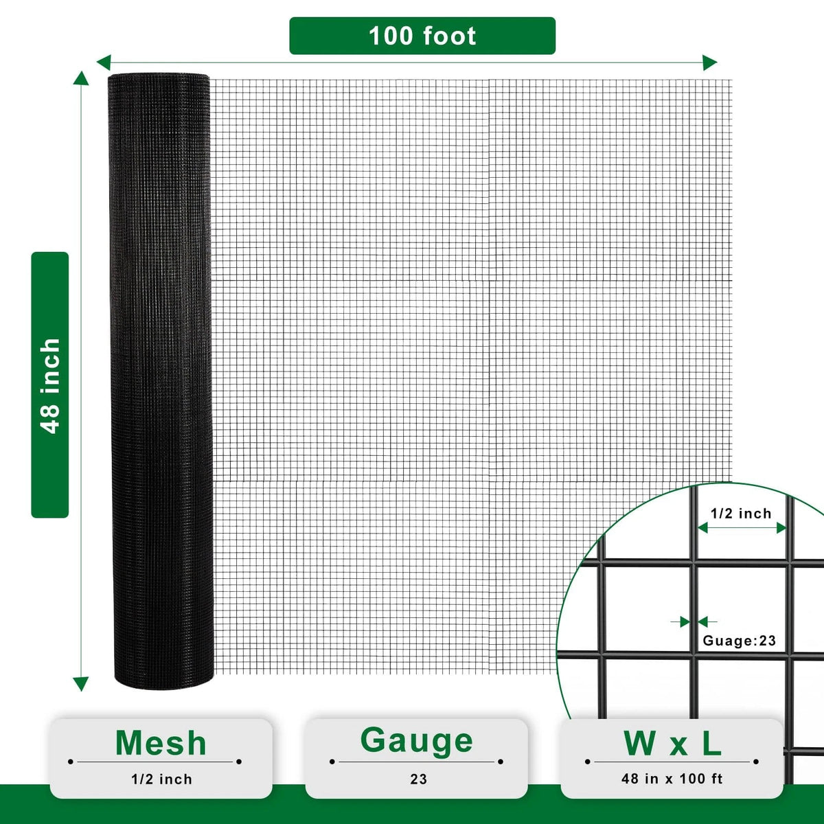 Hardware Cloth 1/2 Inch 48 x 100 ft Black Vinyl Coated Welded Wire Mesh
