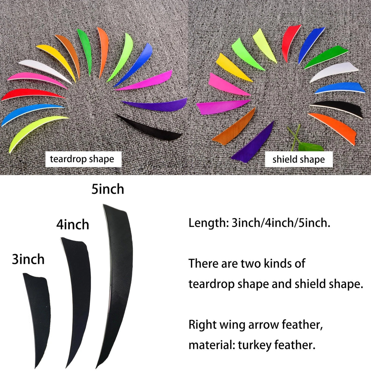 50Pcs Arrow Feathers 3" 4" 5" Right Wing Turkey Fletching Vanes