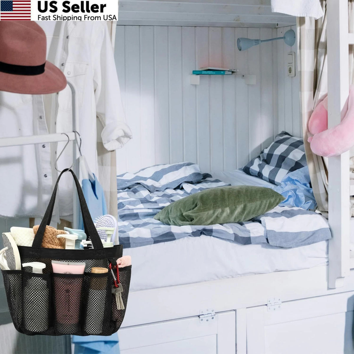 Mesh Shower Caddy for College Dorm (Portable, Multiple Pockets) - Black