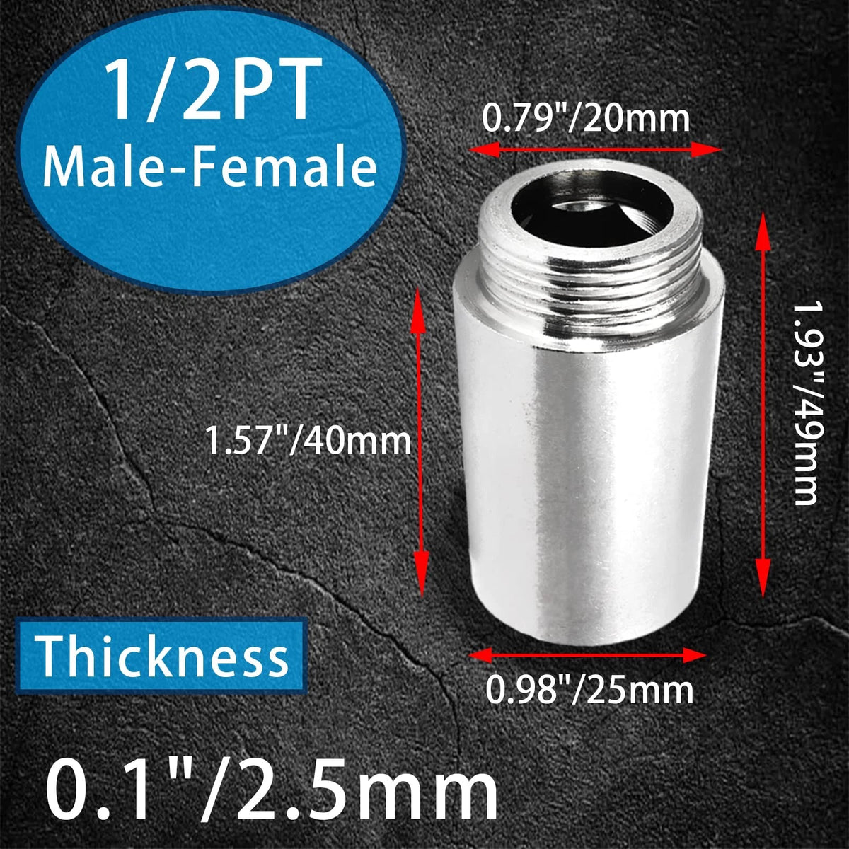 2X 1/2PT Male to Female Thread Shower Head Adapter 40 mm, Silver