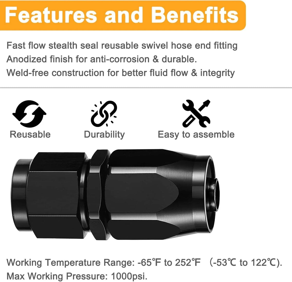 8AN Straight Swivel Hose End Fitting for Braided Fuel Line