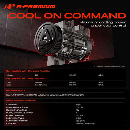 A/C Compressor with Clutch for Jeep Grand Cherokee (2014–2021) 68103197AA, 68103197AB, 68103197AC, 68103197AD, 68103197AE, 198314