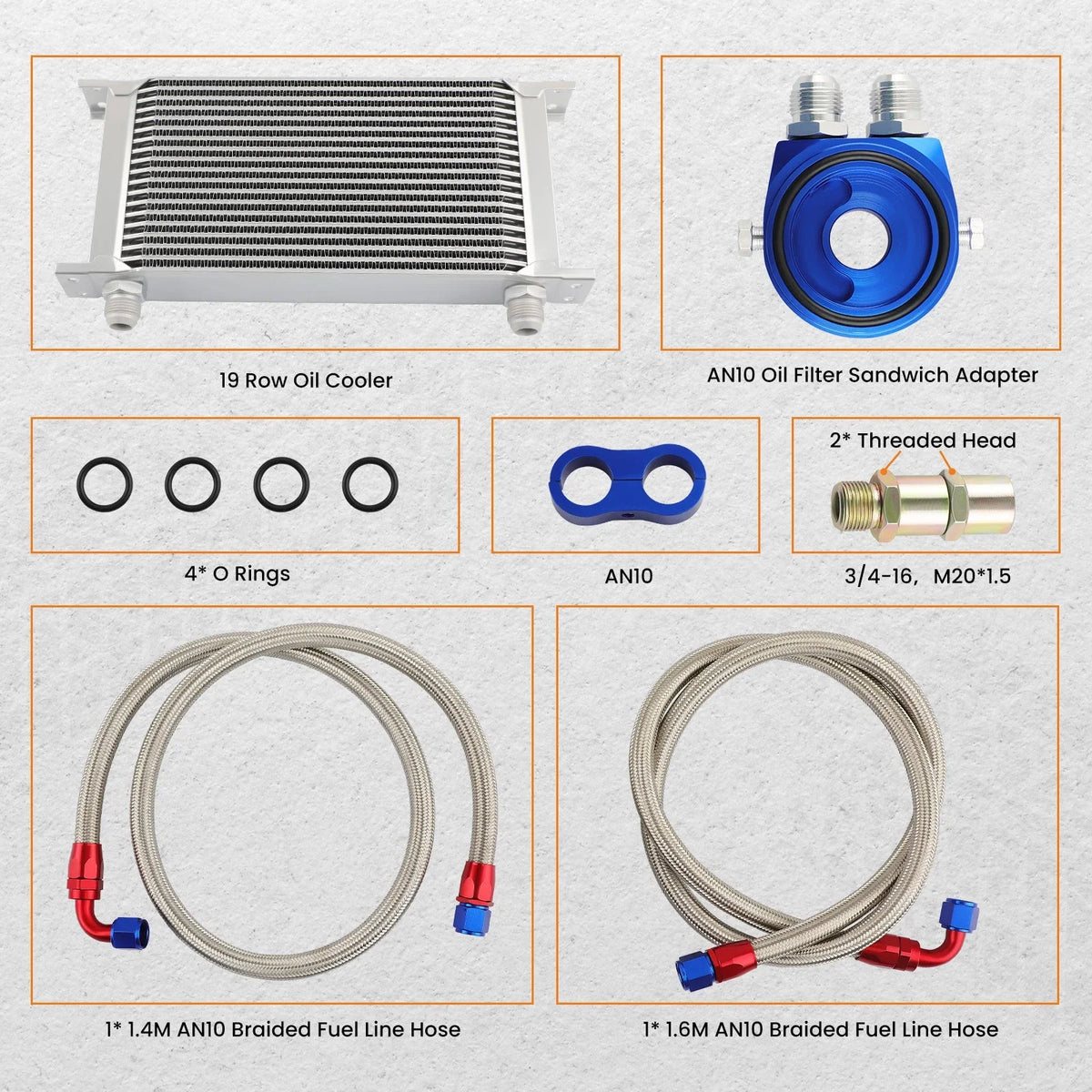 19 Row AN10 Aluminum Oil Cooler Universal with Thermostat Adapter