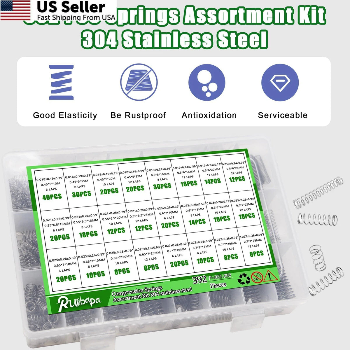 392 PCS Springs Assortment Kit for Various Applications (304 Stainless Steel)