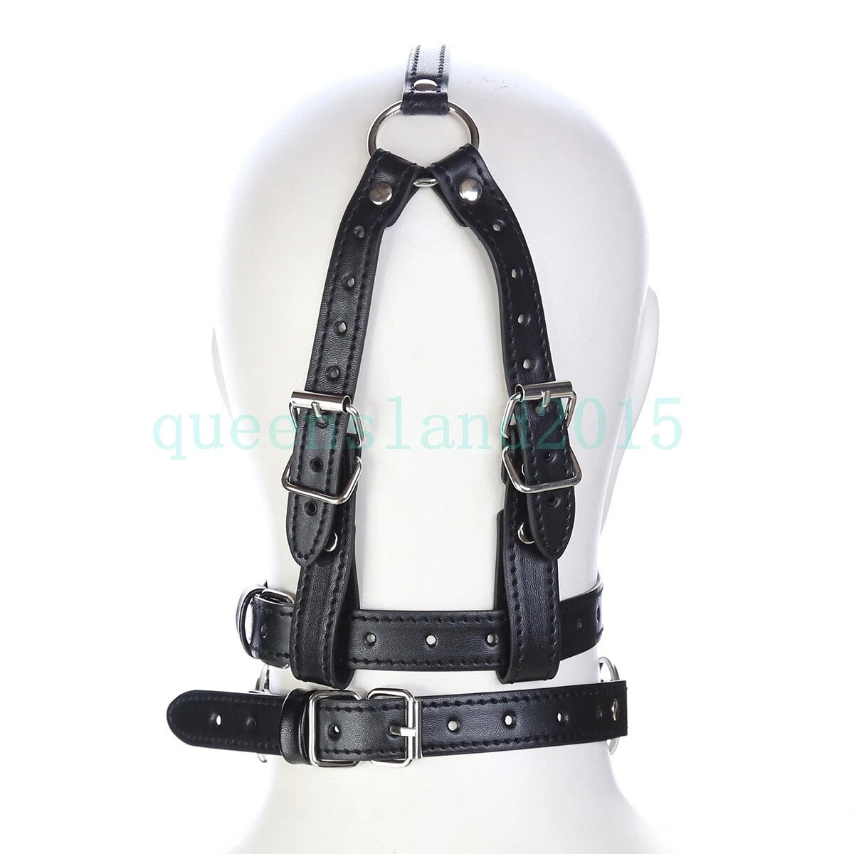 PU Leather BDSM Head Harness Face Mask with Open Mouth Gag Restraint