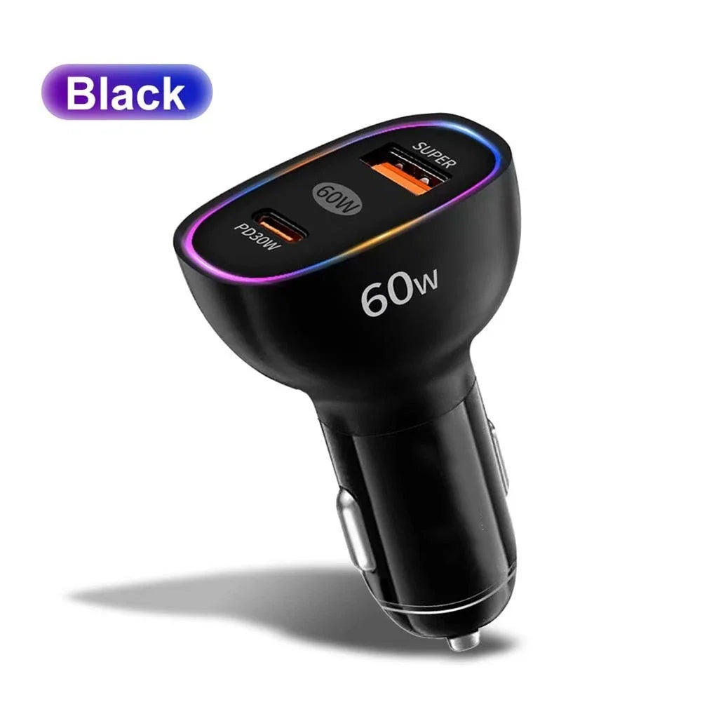 60W Dual PD30W Car Charger for QC3.0 Fast Charging