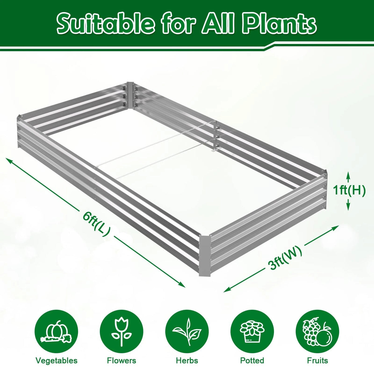 Galvanized Raised Garden Bed Metal Planter 6x3x1FT Silver 1 Pack