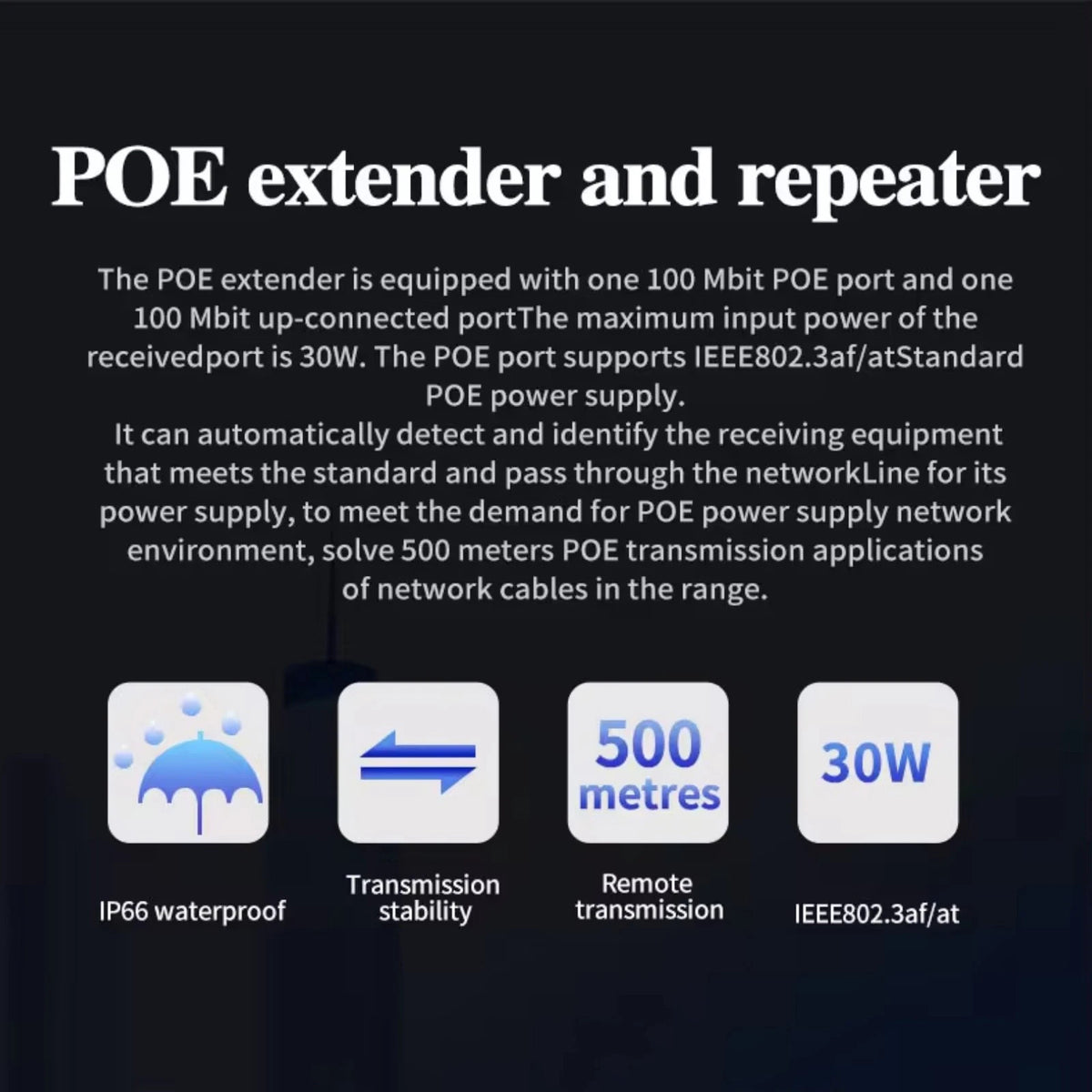 Waterproof POE Repeater for Security Cameras (100mbps, IEEE802.3af/at)